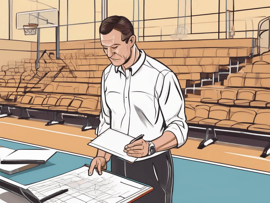 Editorial illustration of basketball coach tools workflow with clipboard and whiteboard in gym