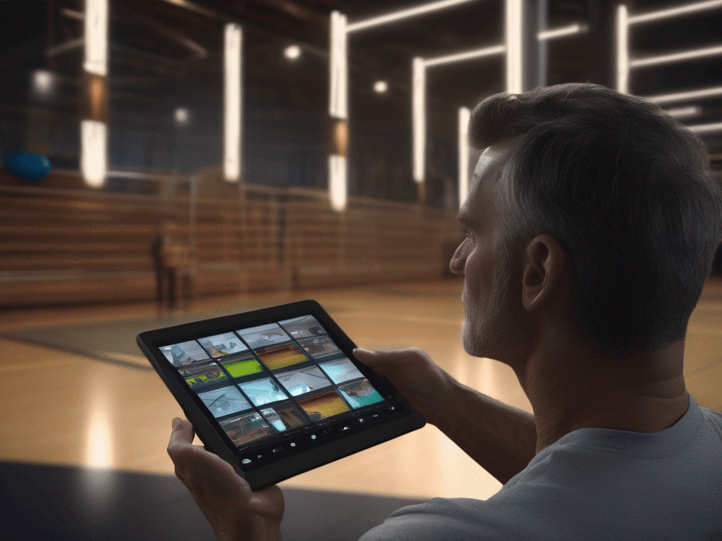 Photorealistic shot highlighting basketball coach tools during video review for players in gym