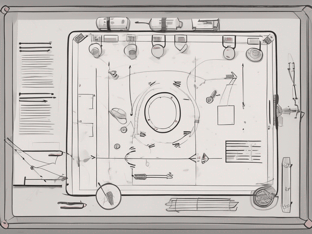 Editorial illustration of basketball coach tools on a tactical whiteboard with simple plays