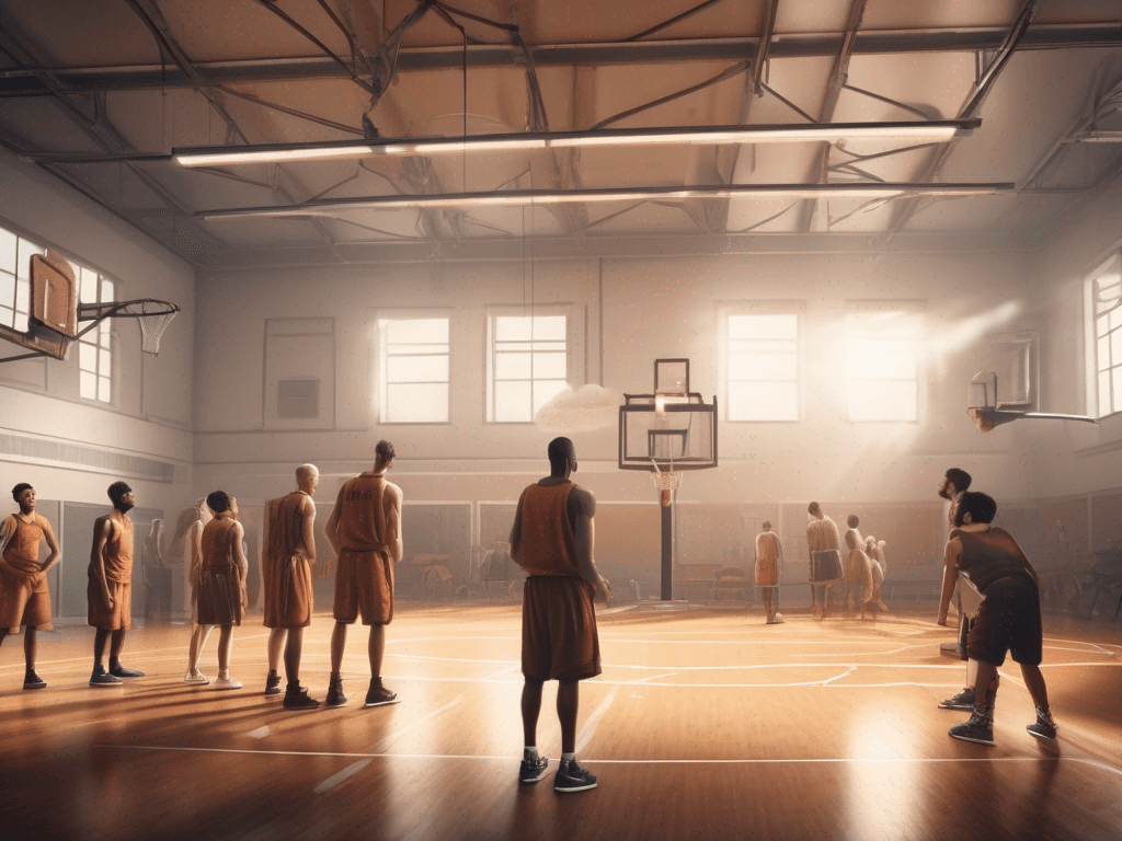 Photorealistic gym scene highlighting basketball coach tools within a weekly coaching workflow.