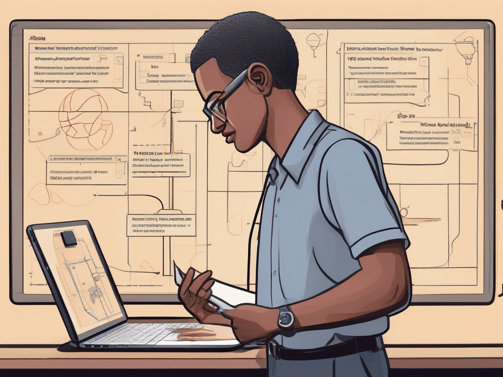 Editorial illustration showing basketball coaching app planning weekly workflow with clipboard, tablet, and schematic plays
