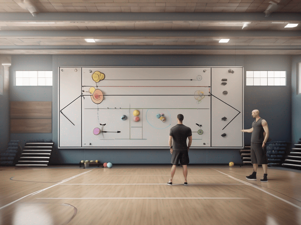Support image of basketball coaching app tools guiding tactical board play design in a gym