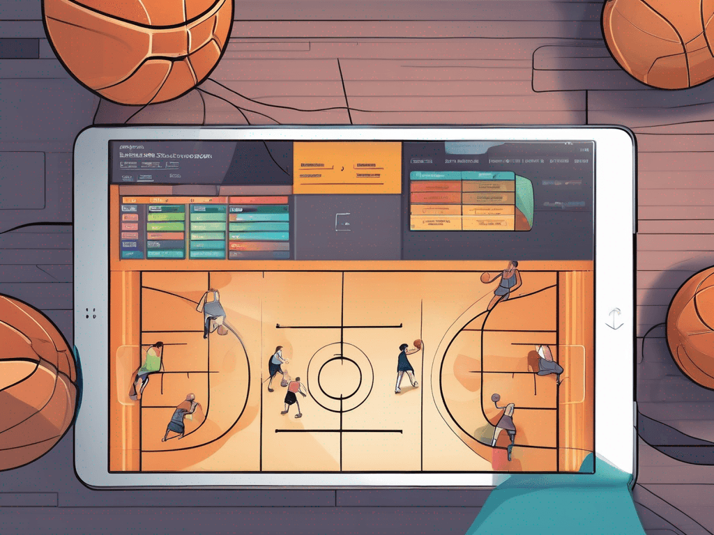 Editorial illustration of basketball coaching app used for scouting, showing tablet with abstract charts and opponent prep visuals