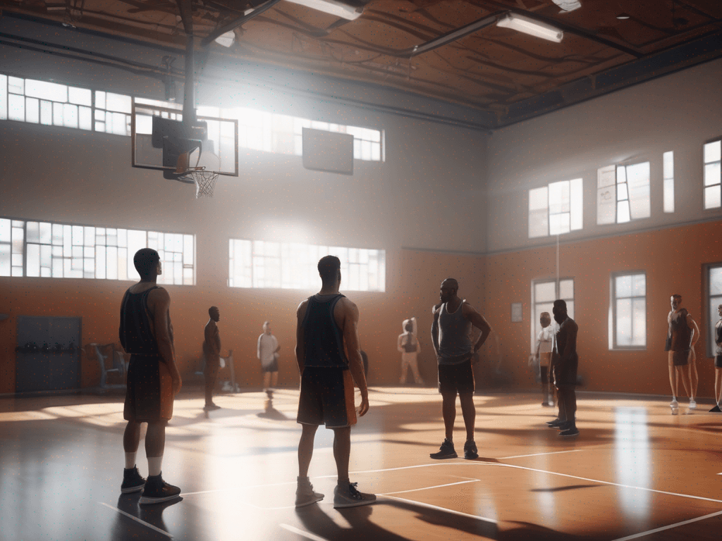 Photorealistic gym scene illustrating basketball coaching app workflow with a coach at a whiteboard and blurred players