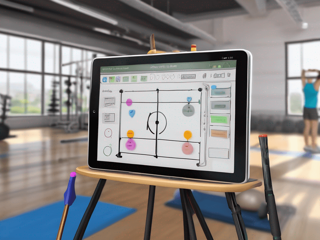 Editorial-style shot showing basketball coaching software play designer on tablet beside whiteboard with tactical arrows.