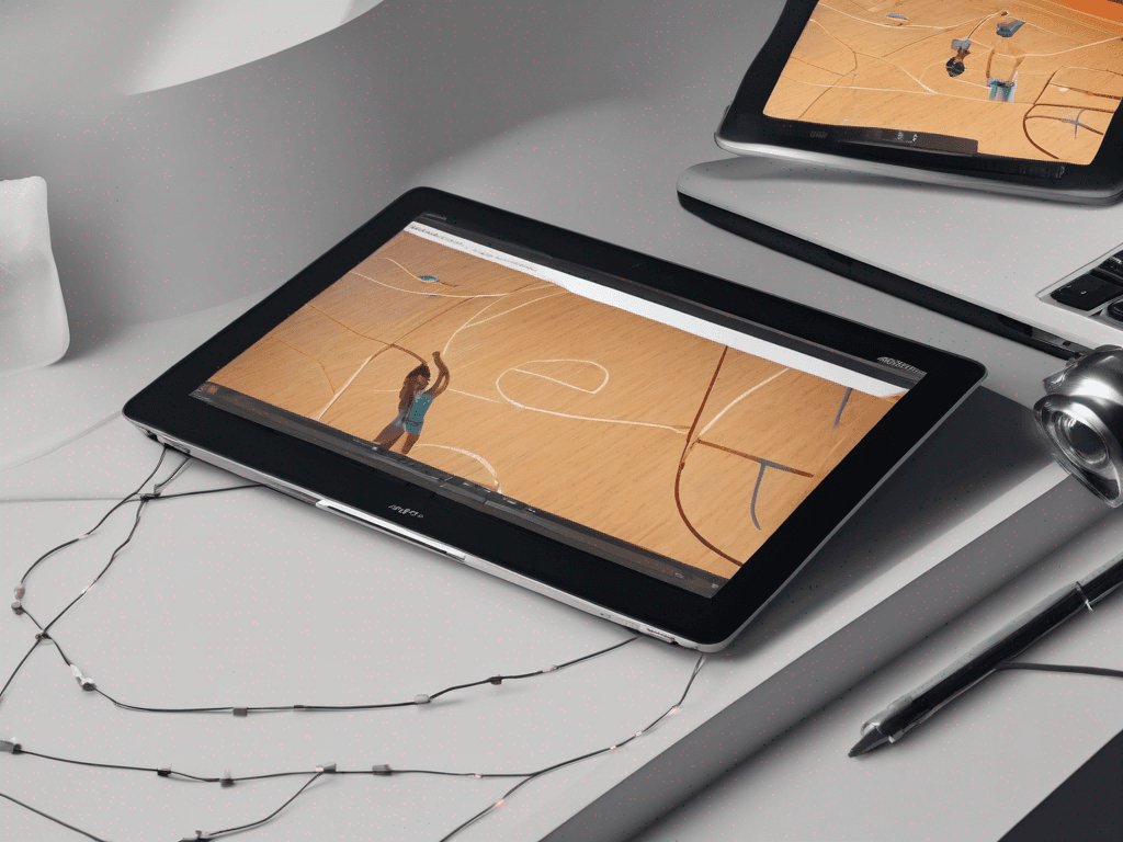 Editorial-style shot of basketball coaching software video clips library on laptop and tablet.