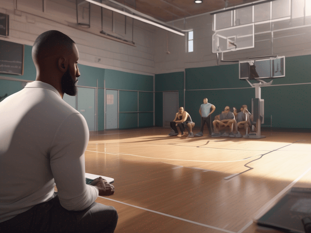 Photorealistic wide view of basketball coaching software planning in a gym, coach seen from behind.