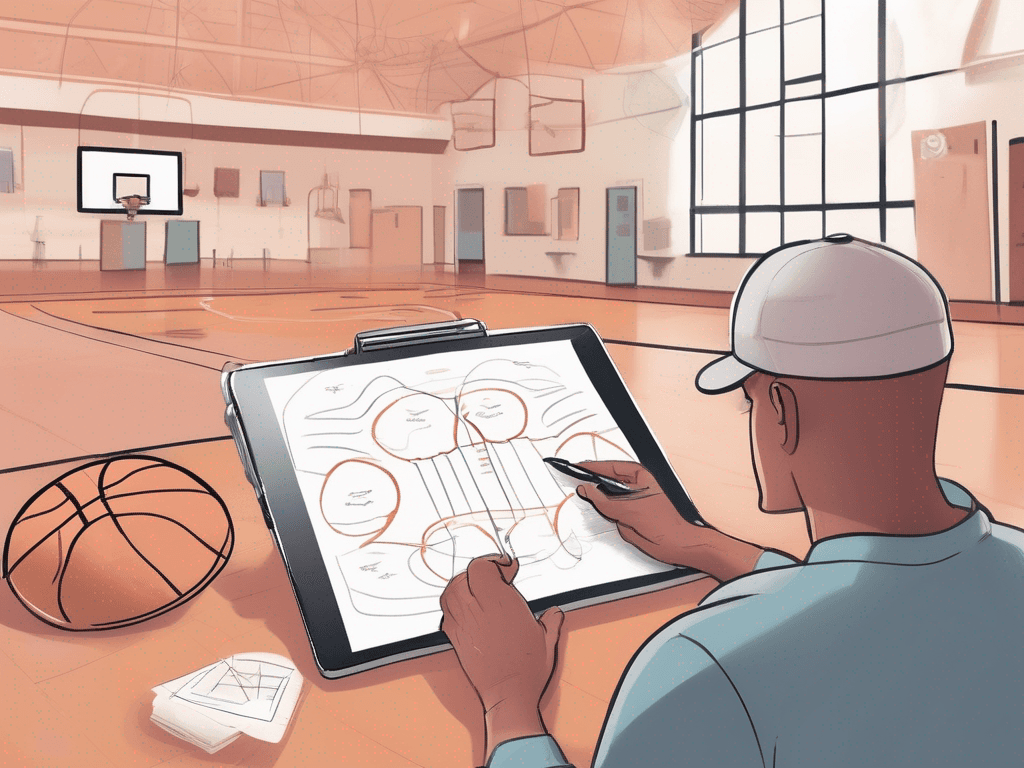 Editorial scene of coaching planning with a basketball diagram app on a tablet.