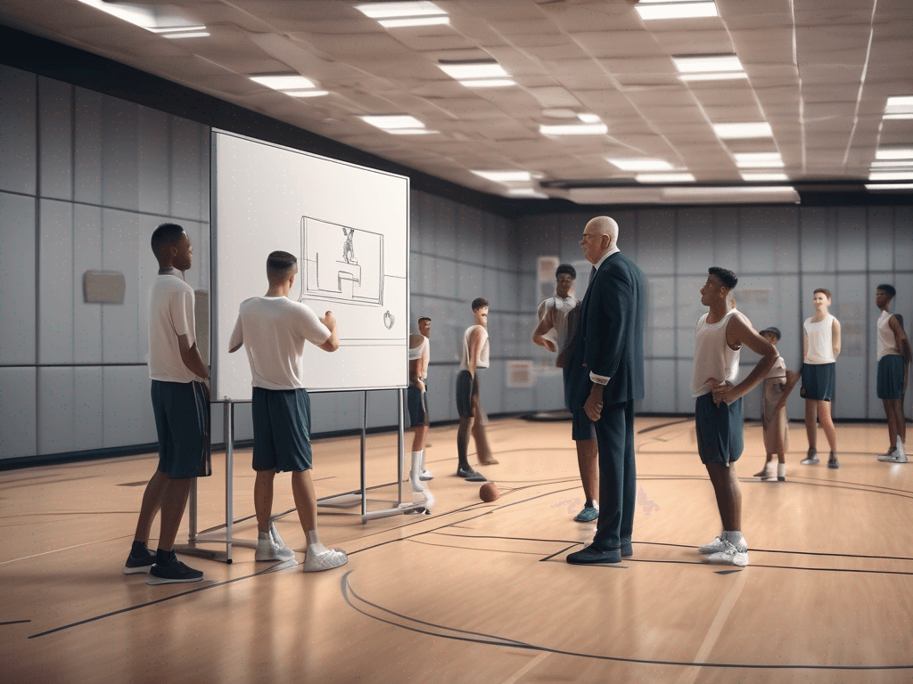 Editorial illustration of a tactical whiteboard with basketball diagrams and coaching gestures.