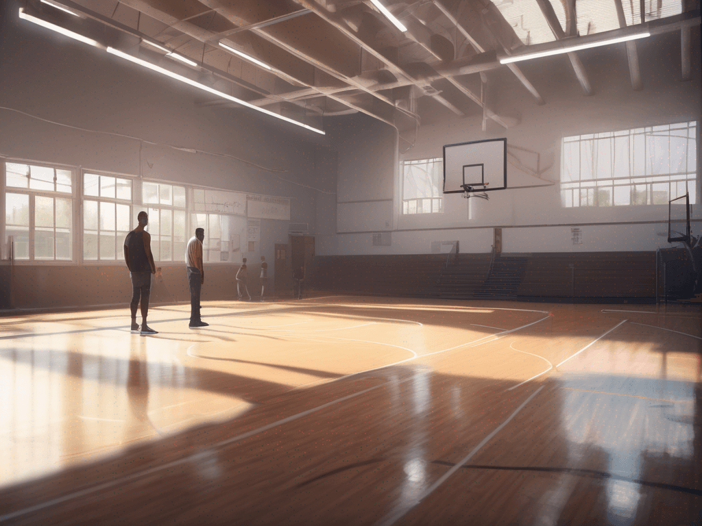 Photorealistic gym coaching scene illustrating a basketball diagram app without identifiable faces.