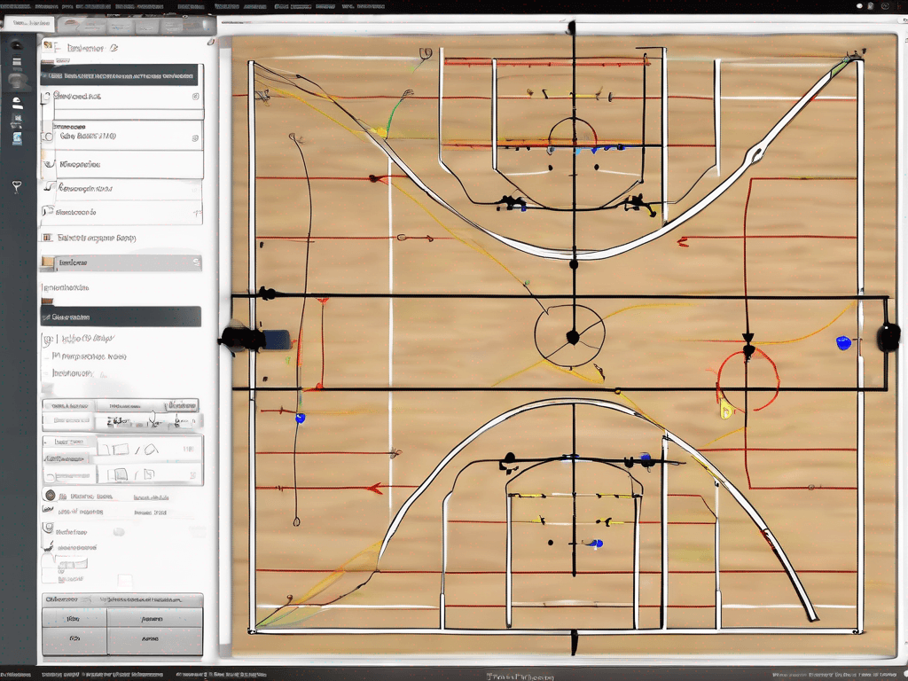 Photorealistic coach drawing plays on a tactical whiteboard for basketball drills software planning