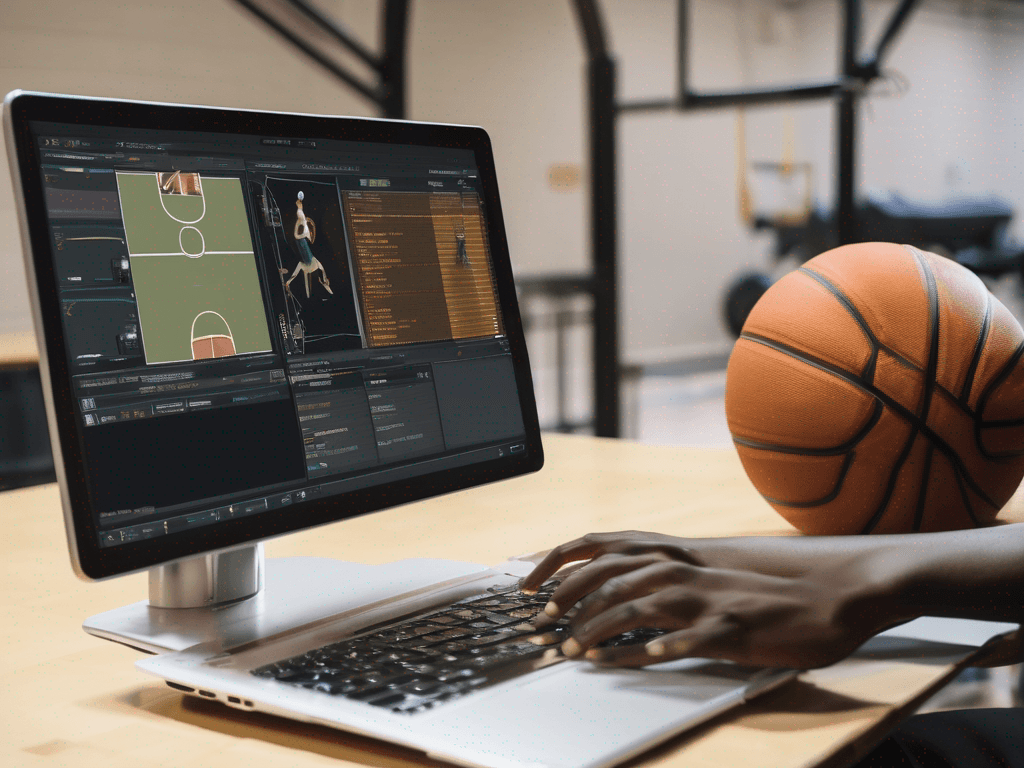 Editorial shot of scouting data on laptop and monitor with basketball drills software