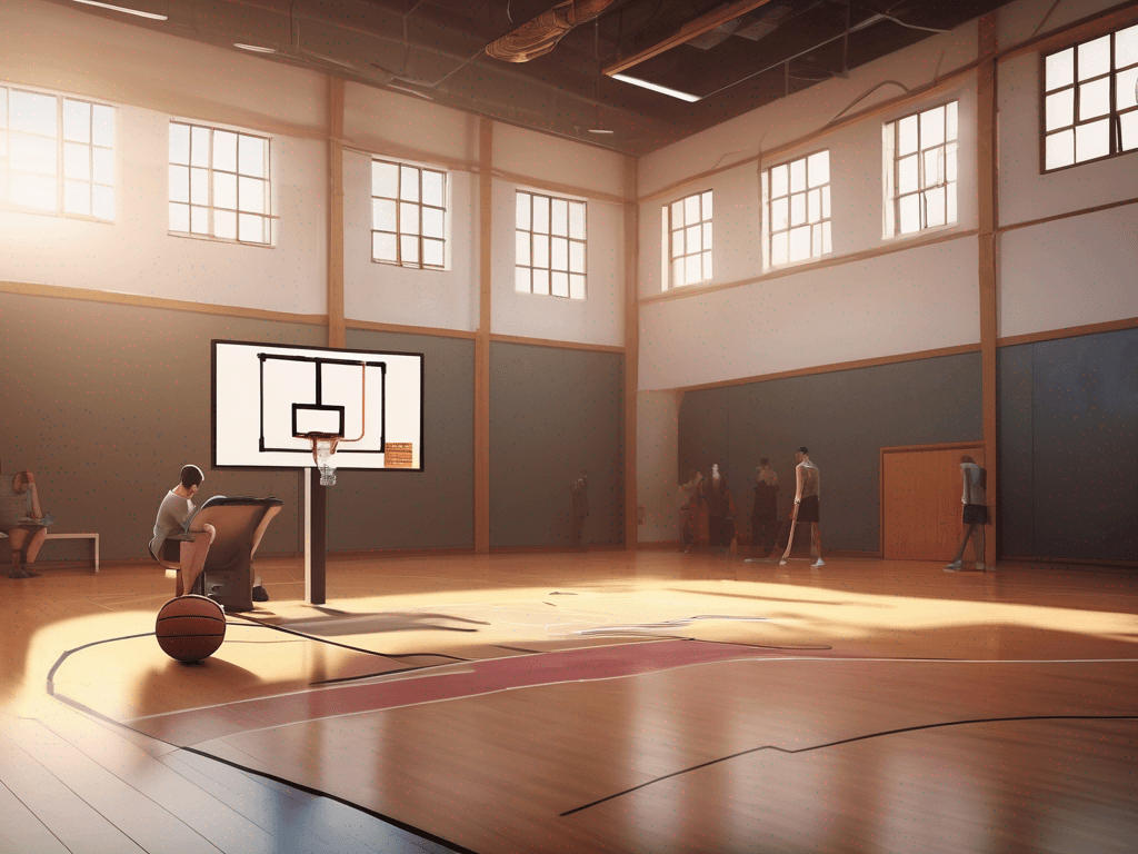 Wide gym planning scene showing basketball drills software used by a coach from behind, no faces