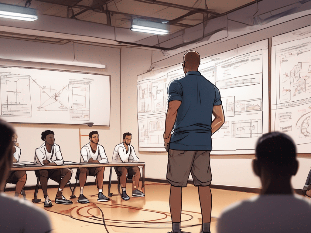 Basketball coach in a gym preparing weekly workflow and app comparison notes.