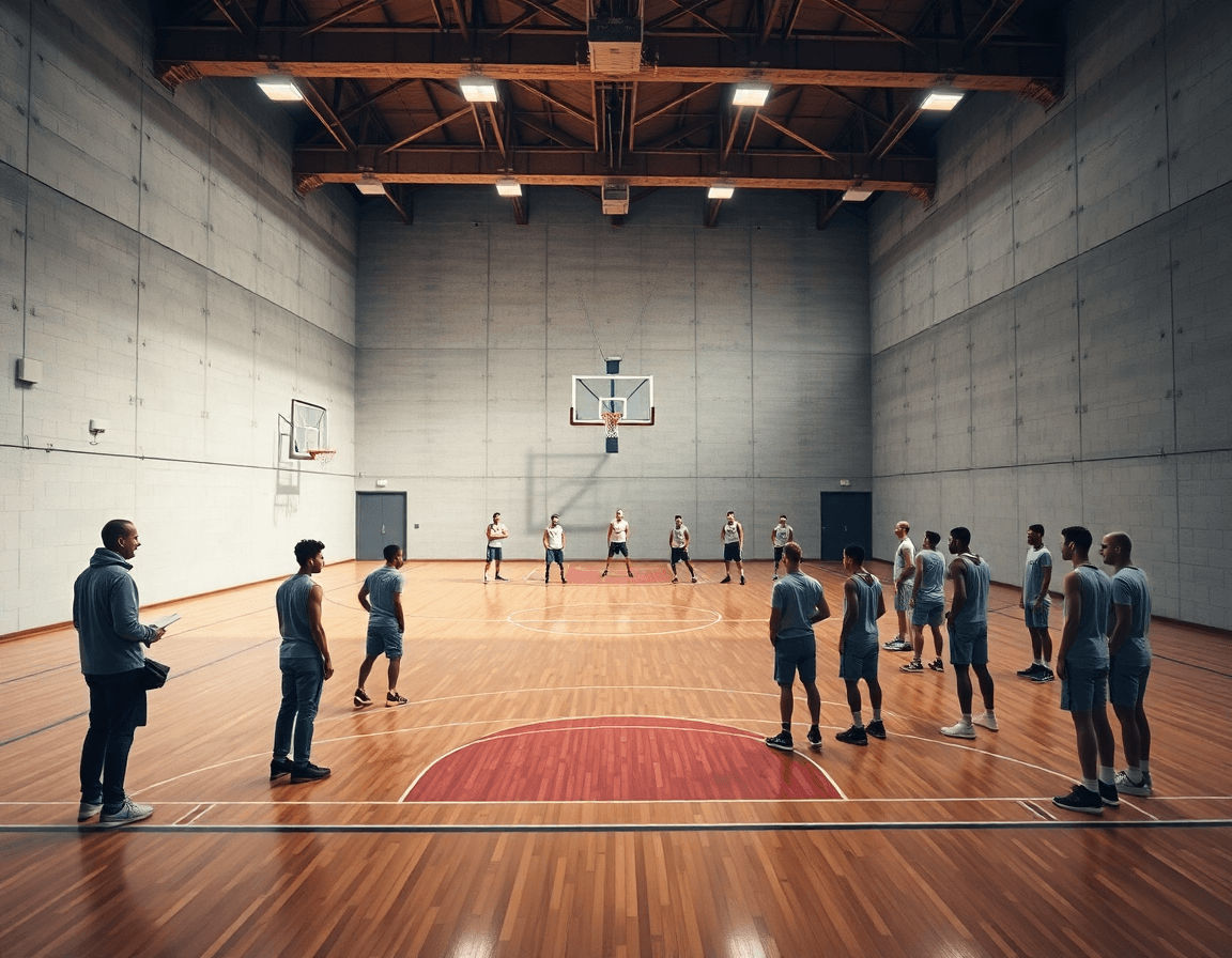 Wide gym scene shows a coach guiding 1-2-2 zone defense from the sideline.