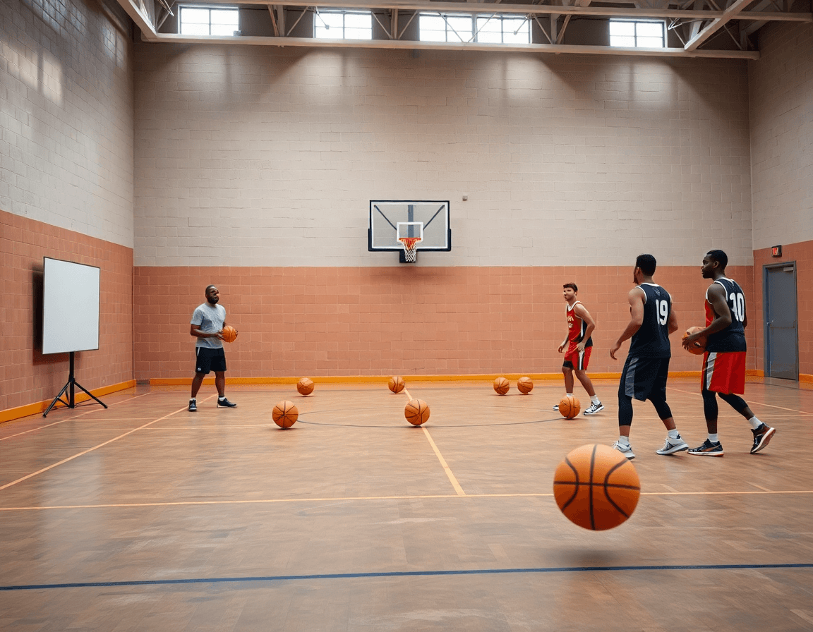 Coach demonstrates 1 3 1 zone defense basketball drill during basketball practice on a concrete court.