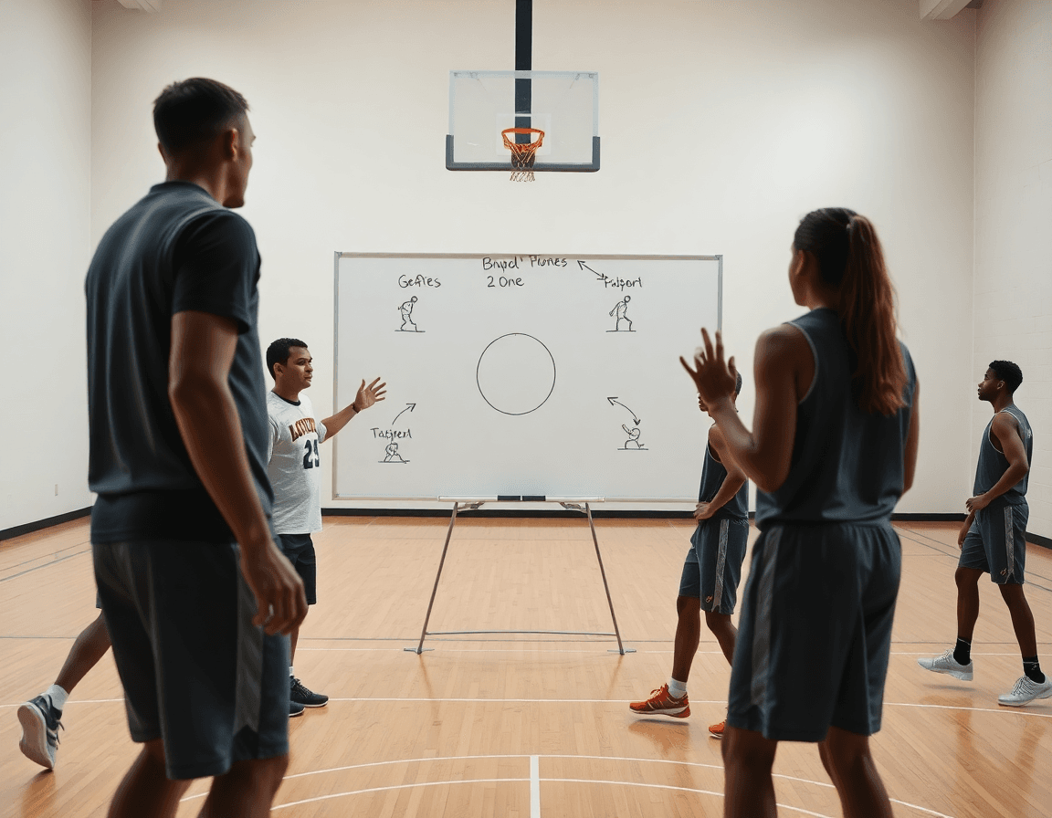 Coach sketches 1 3 1 zone defense basketball positions on a whiteboard during practice.