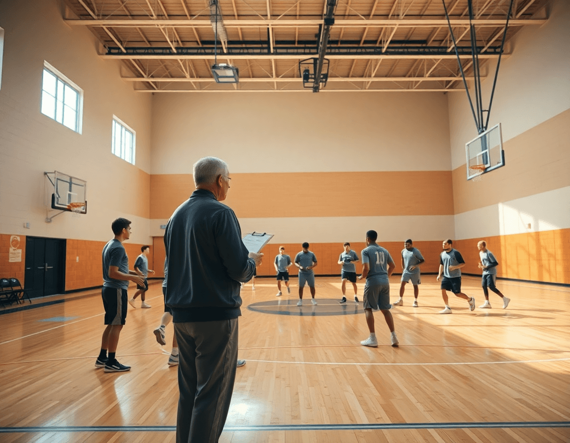 Wide shot of a basketball gym showing 1 3 1 zone defense basketball in action.