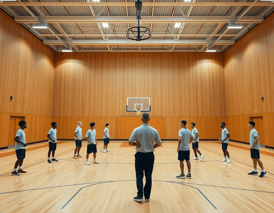 Team practicing the 1 3 1 zone defense under a coach's whistle in a bright gym.
