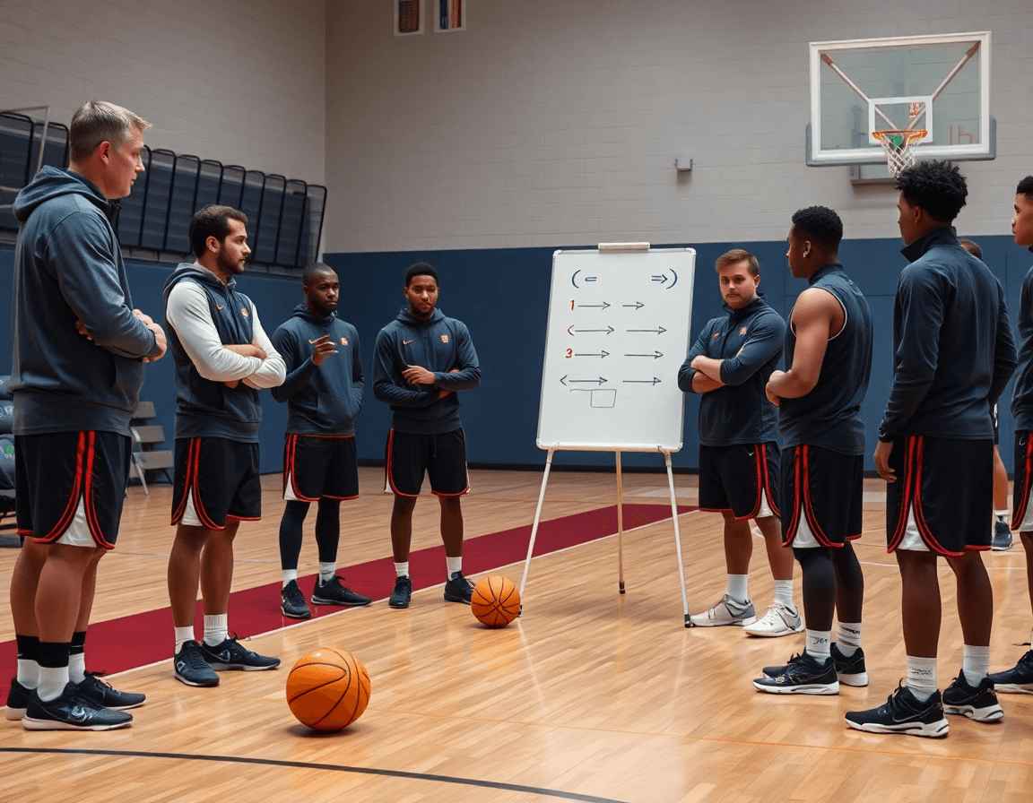 Coach and players study 1 4 offense plays near the sideline in a basketball gym.