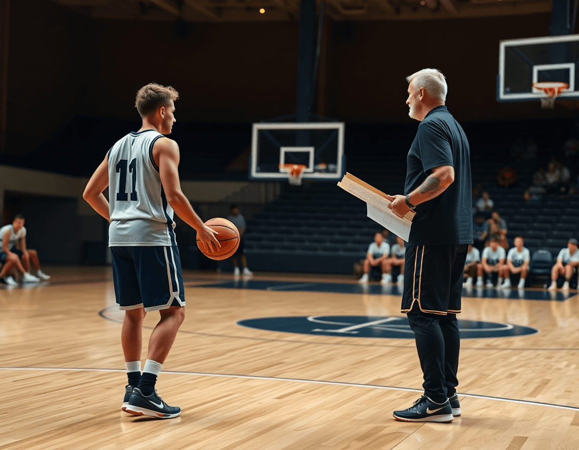 Two players dribble a basketball while the coach explains 1 4 offense plays.