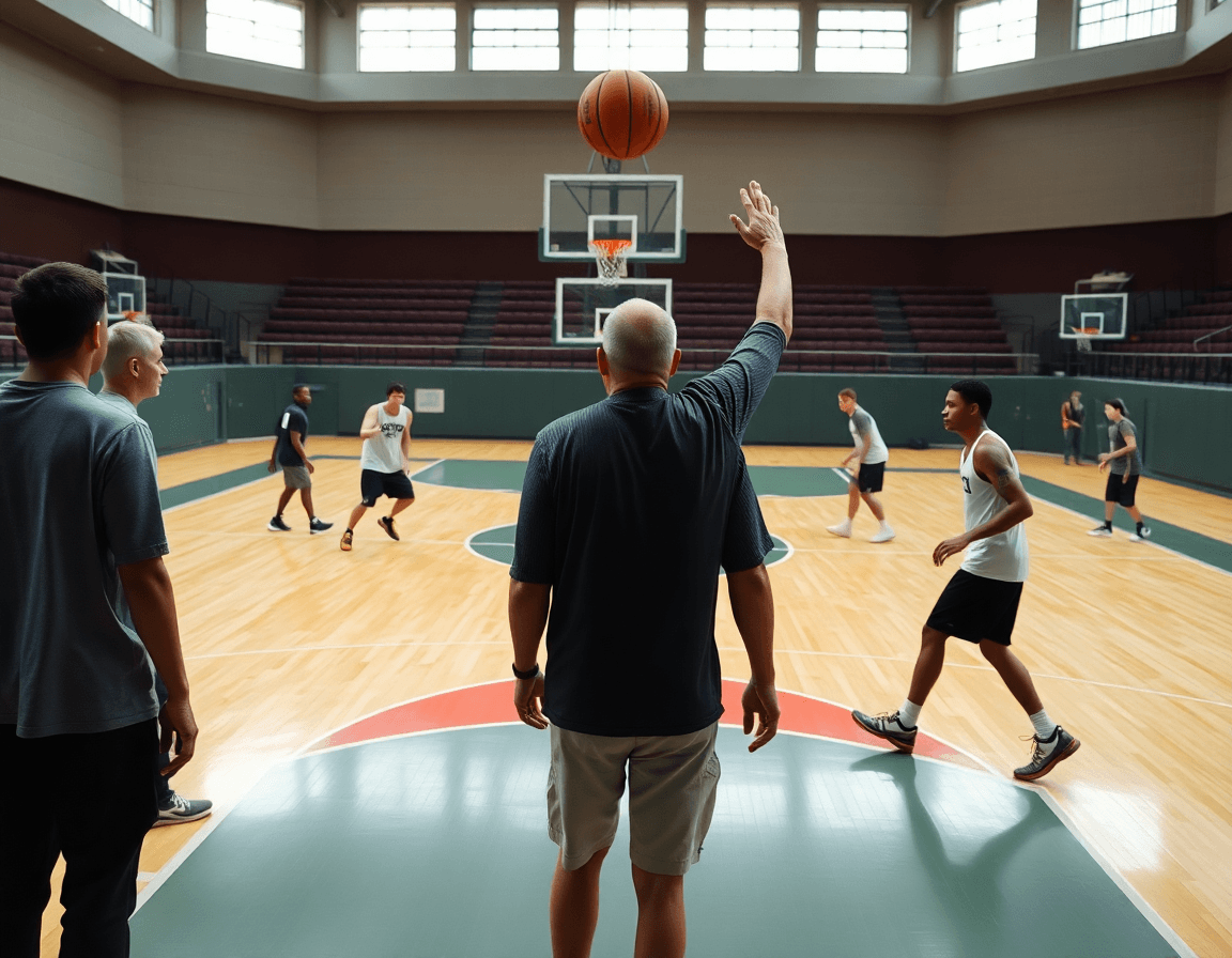 Wide shot of spacing 1 4 offense plays during a full-court basketball drill.
