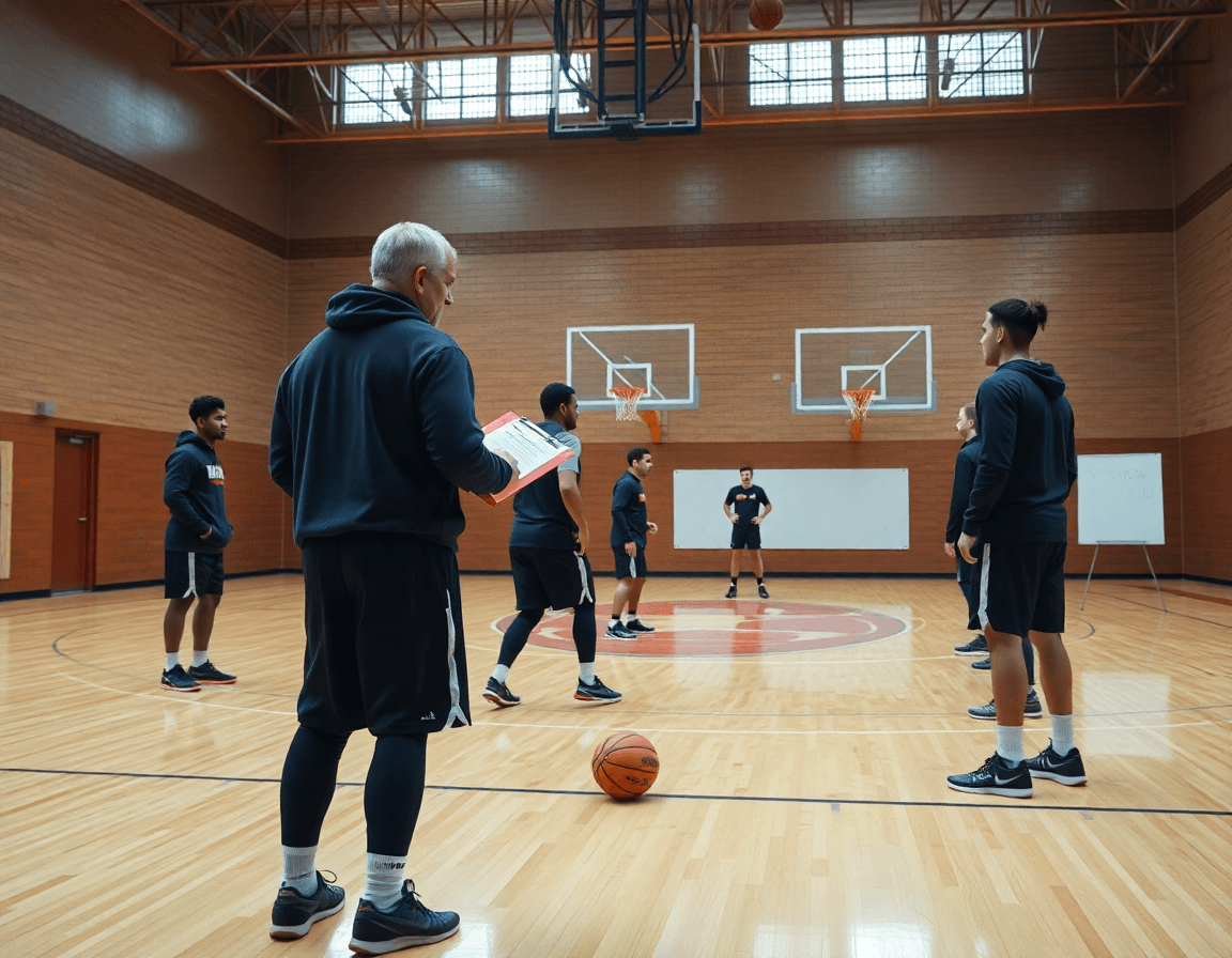 Wide gym scene of coach guiding 1 4 offense plays across a basketball practice.