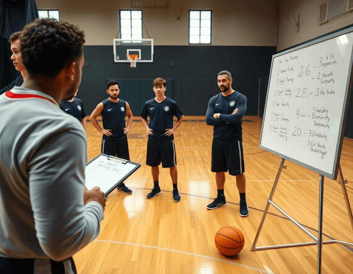 Close-up of coach outlining 12 defense basketball on whiteboard as players focus.