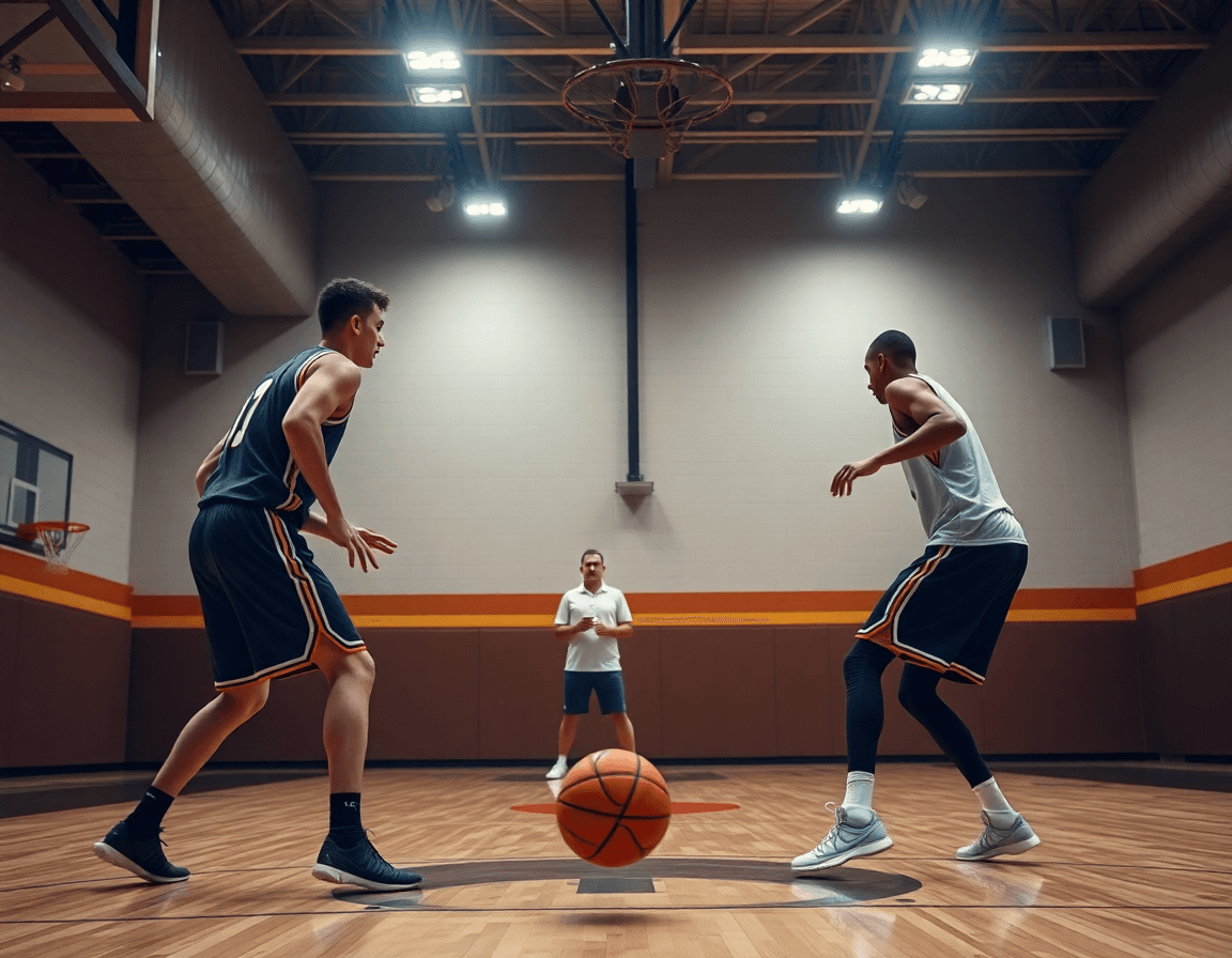 Two players in a 12 defense basketball drill on hardwood court.