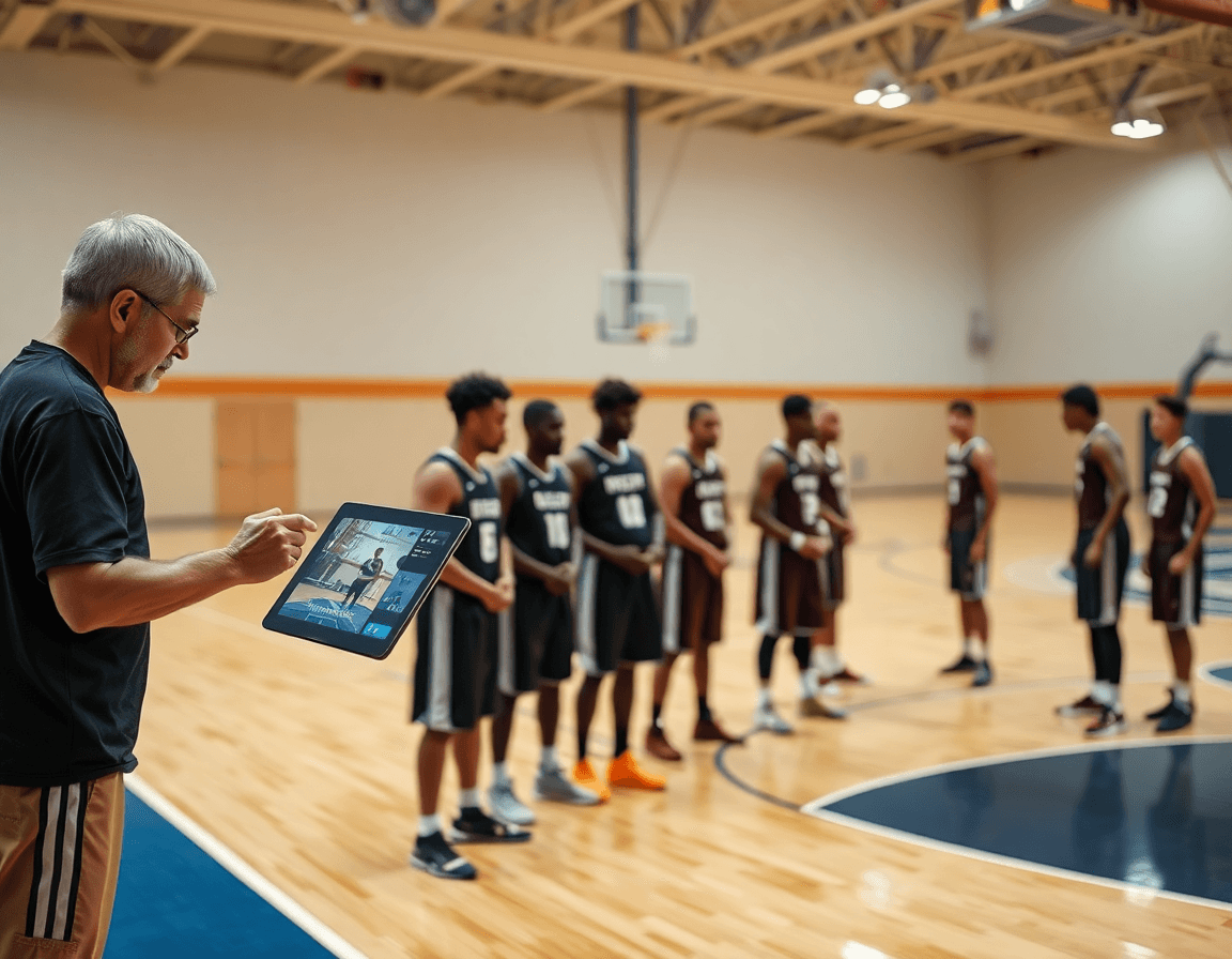 Coach reviews 12 defense basketball clips on tablet during drill.