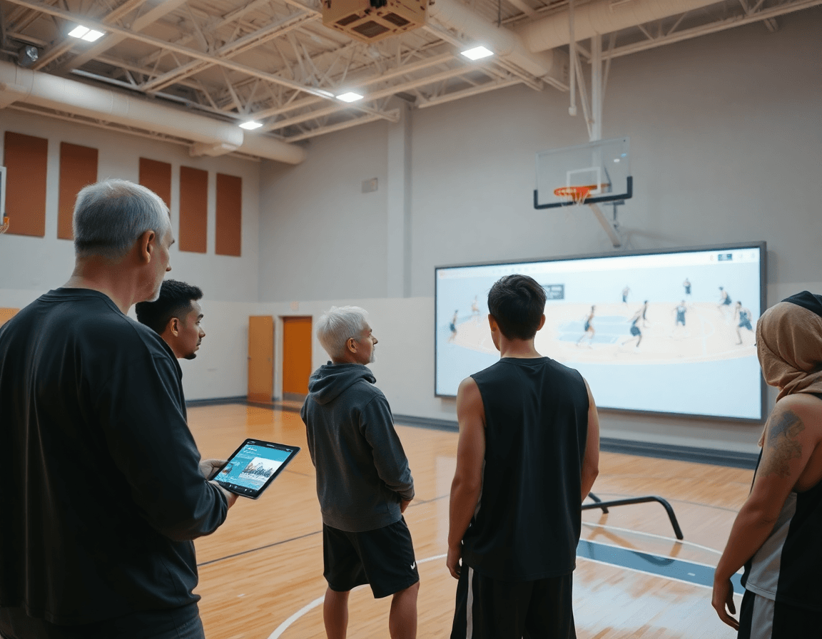 Team analyzes the 2 1 2 zone defense pdf as basketball footage plays on a screen during basketball practice.