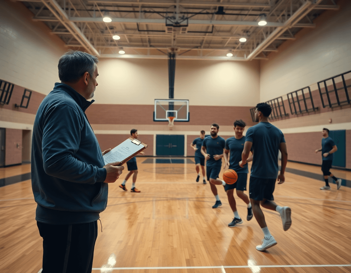 Coaches study the 2 1 2 zone defense pdf while basketball players practice on a hardwood basketball court.