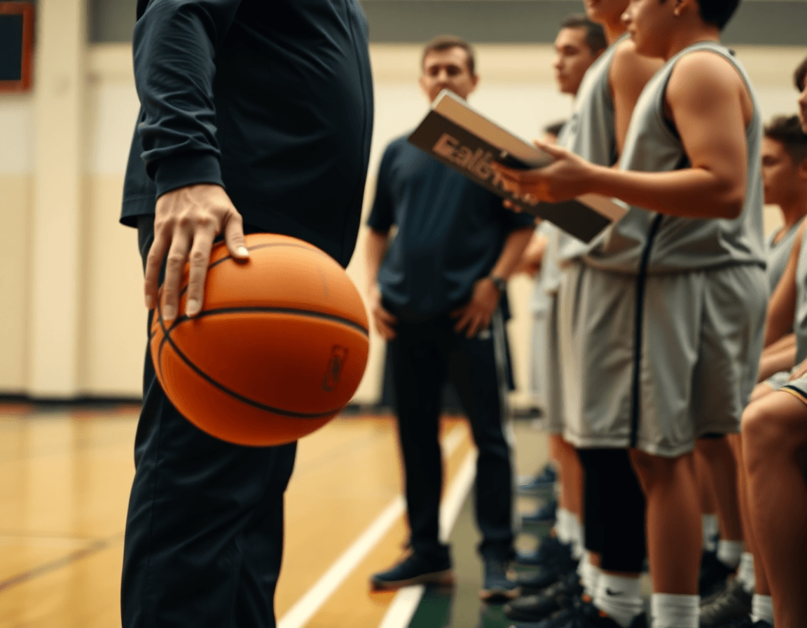 Close-up of hands during a 2 3 basketball offense drill in a gym.