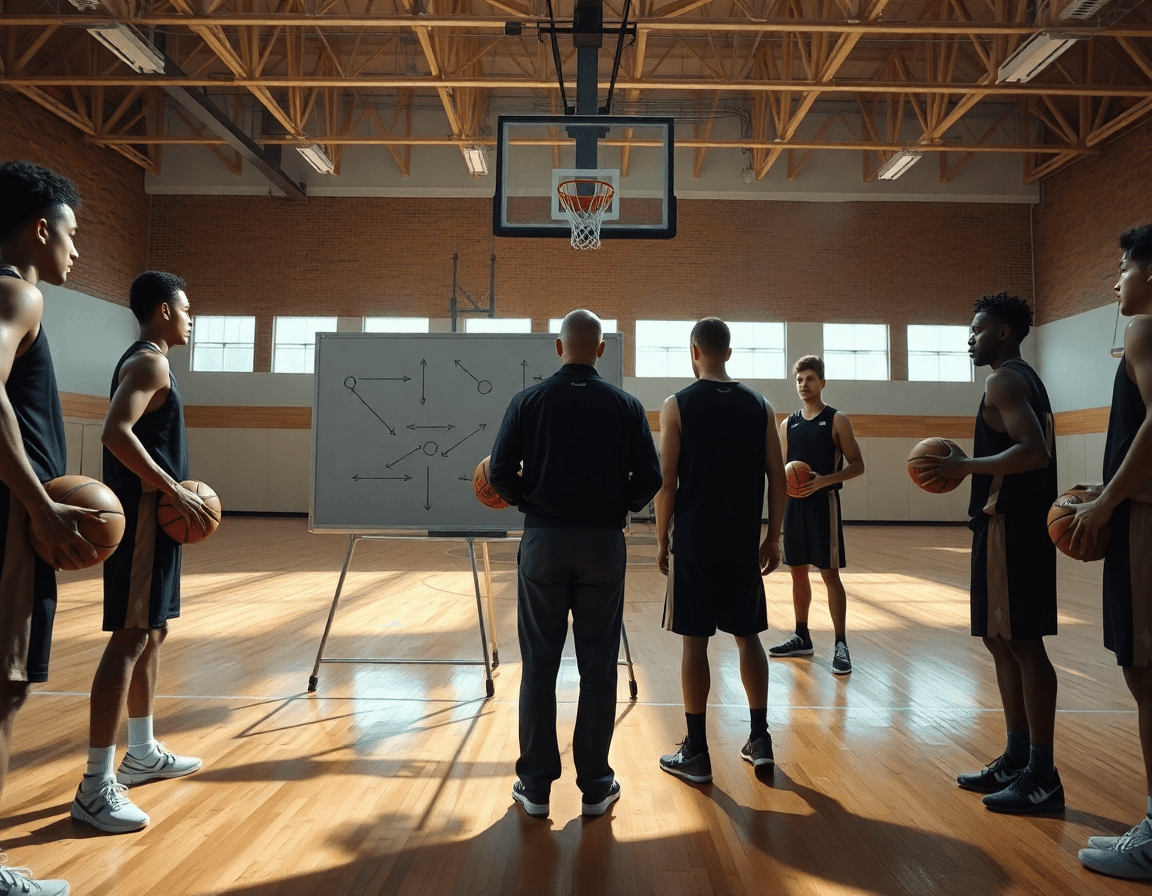 Coach with a tactics whiteboard guiding a 2 3 basketball offense review in a gym.