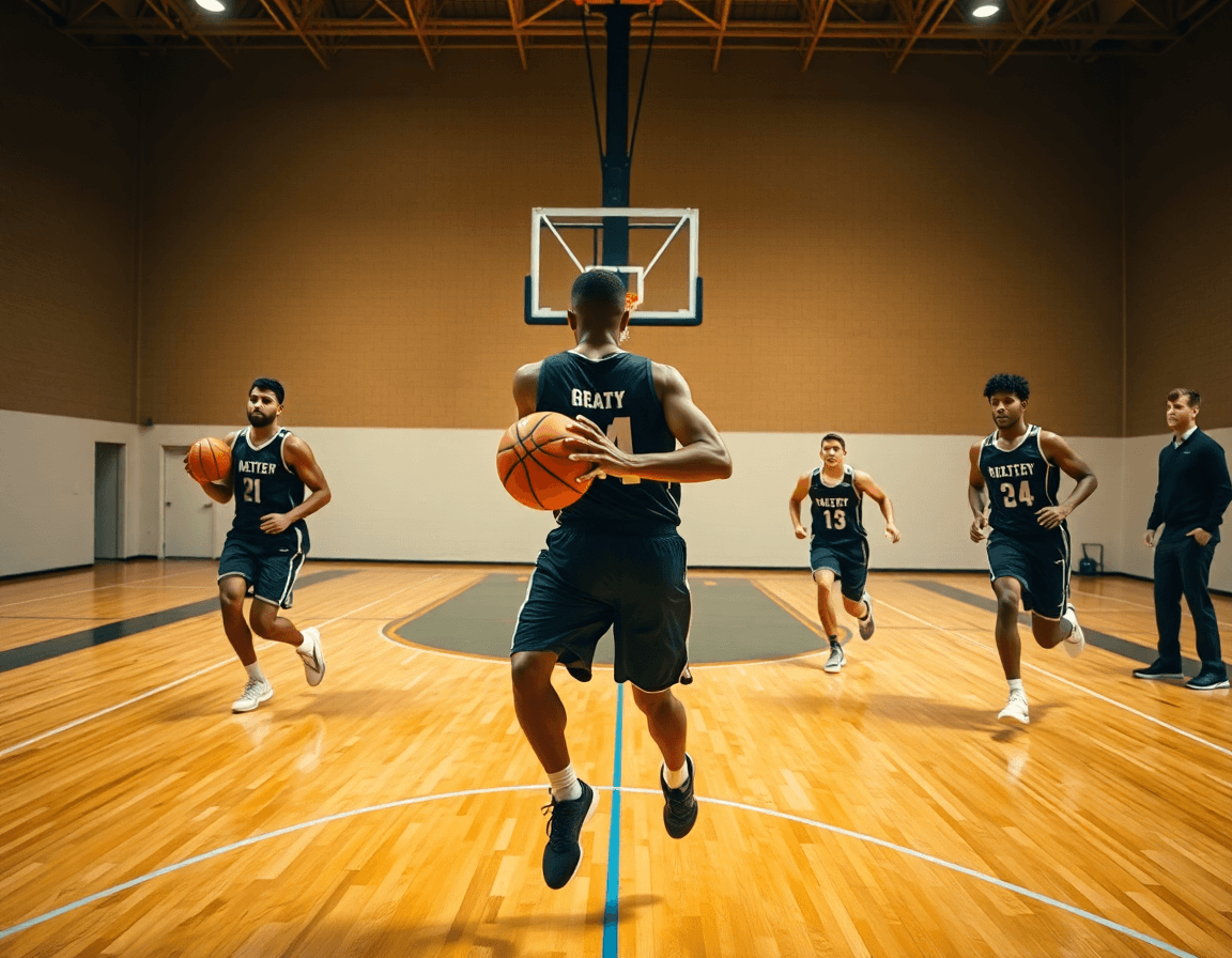Five players execute a 2 3 basketball offense drill near the key in a gym.
