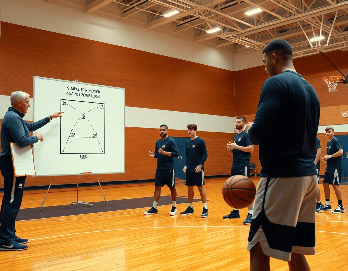 Coaching a 2 3 basketball offense on a whiteboard as players practice in a gym.