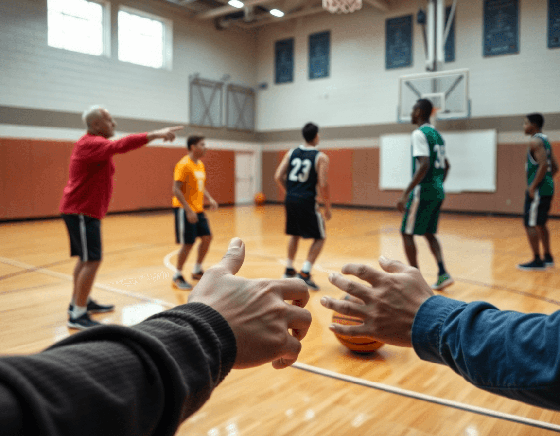 Close-up of hands guiding a basketball drill as the 2 3 zone defense pdf concept is explained.