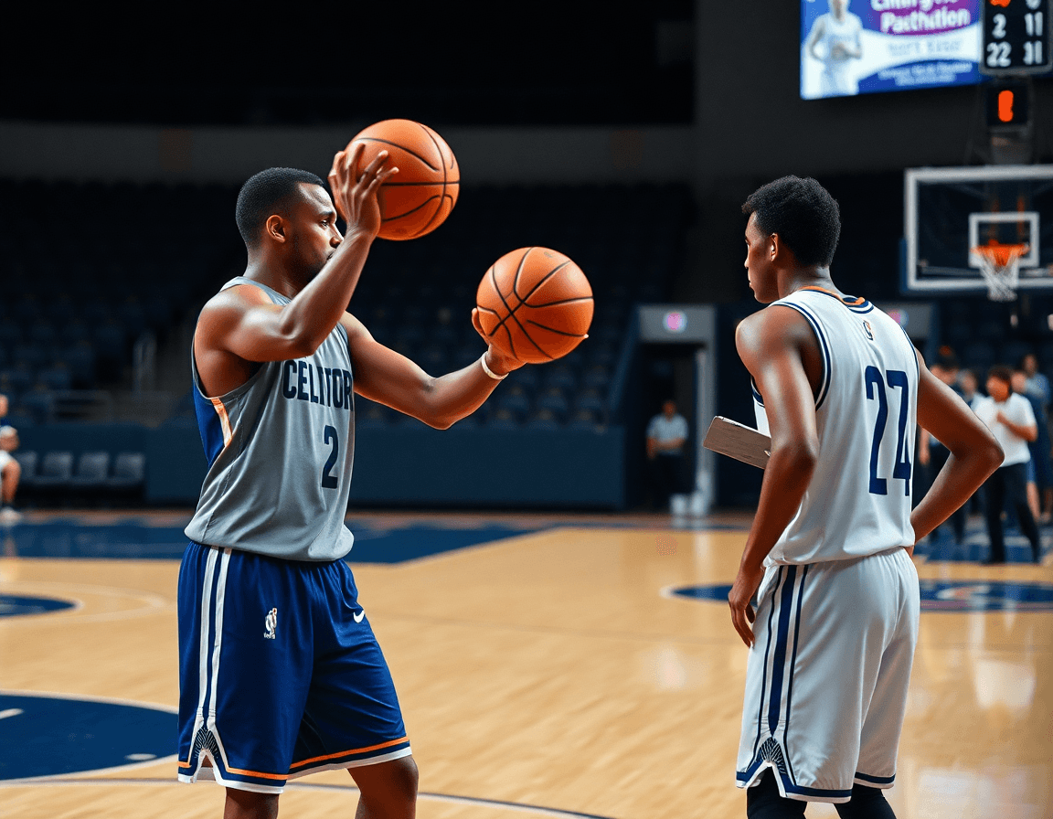 Two players drill near the key, passing a basketball while the 2 3 zone defense pdf is discussed.