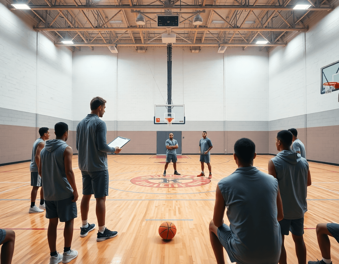 Wide shot of a basketball gym with a coach teaching the 2 3 zone defense pdf concept.