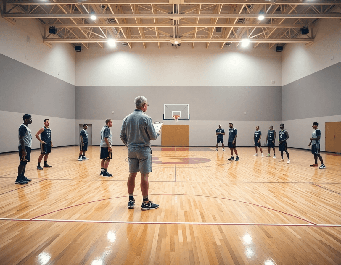 Wide shot of a 2 3 zone defense basketball drill with coach and players in a gym.