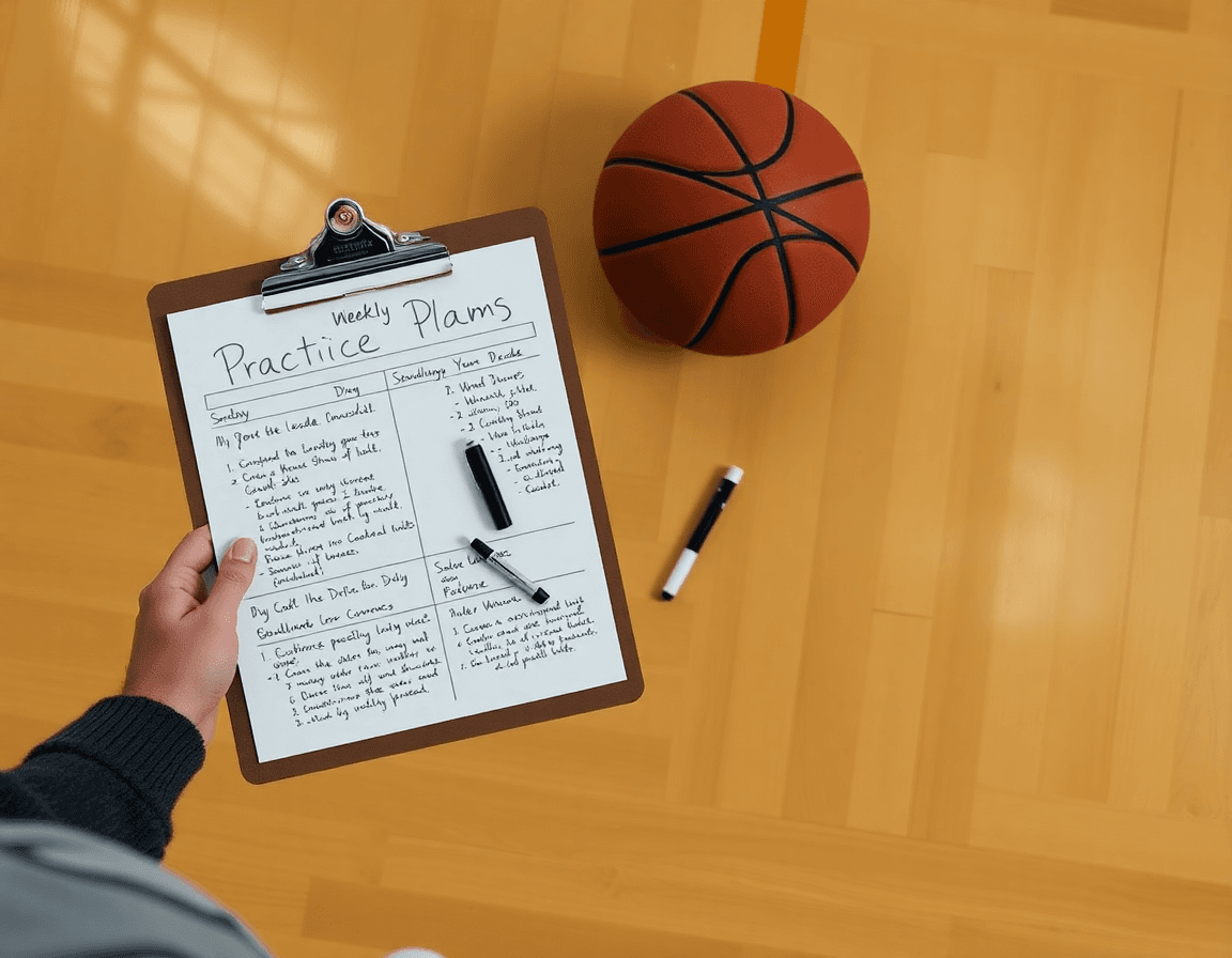 Coach's weekly practice plan on a clipboard