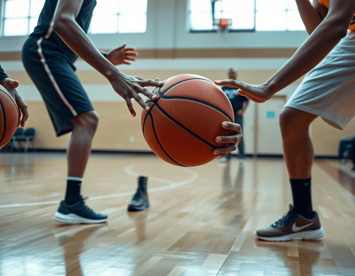 Close-up on hands and a basketball performing 2 man dribbling drills during basketball training.