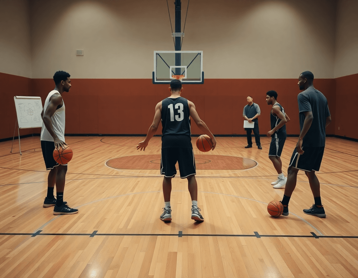 Three players at the three-point line perform 2 man dribbling drills on basketball court.