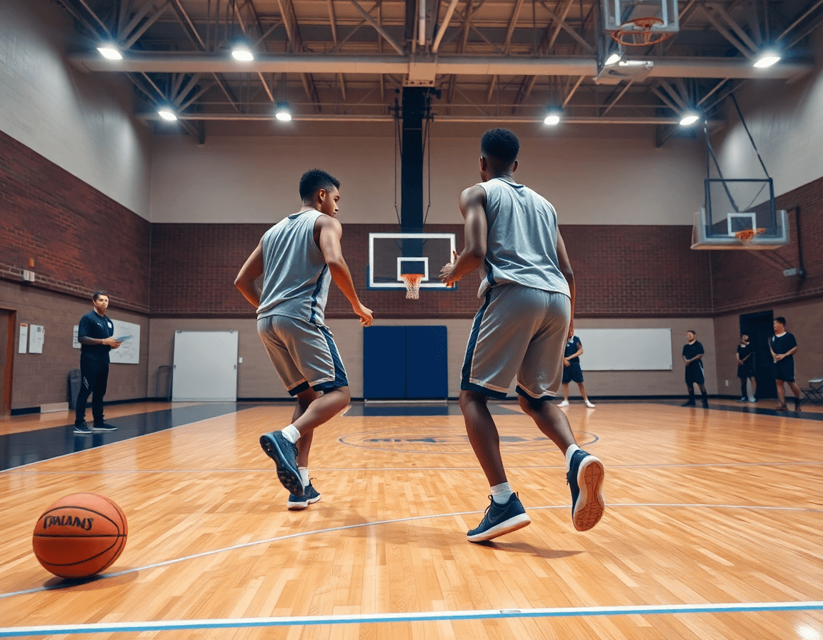 Wide shot of a basketball gym showing 2 man dribbling drills in action during team basketball practice.