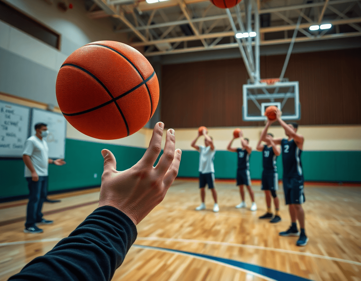 Close-up during the 21 shooting drill on a basketball court highlighting hands and ball.