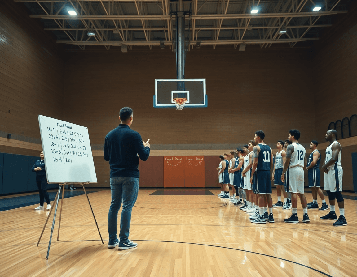 Medium shot of the 21 shooting drill on the basketball court with coach and players.