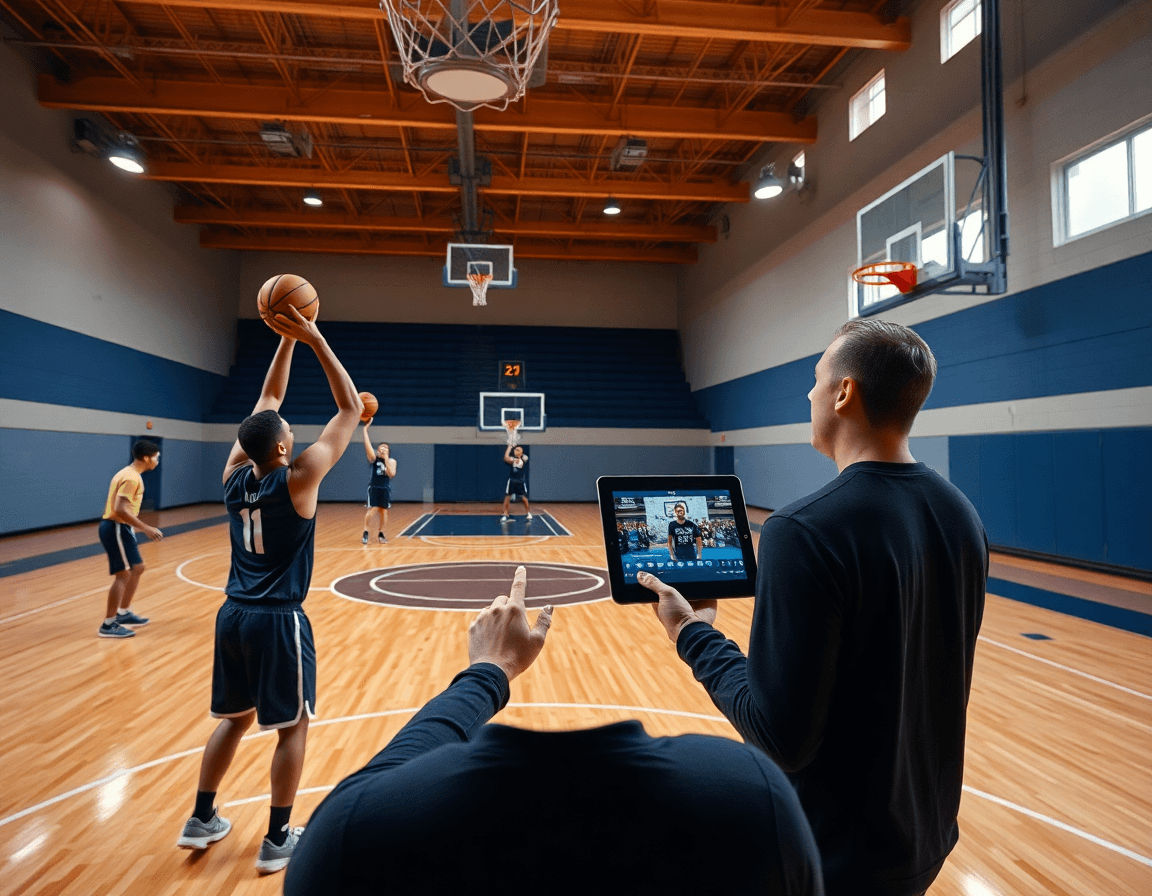 Trainer reviews film of the 21 shooting drill during basketball practice today on the basketball court.