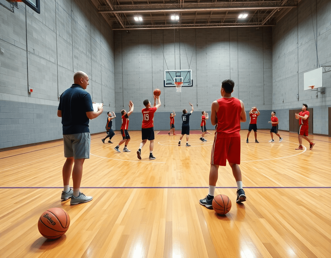 Wide gym scene showing the 21 shooting drill during a basketball practice.