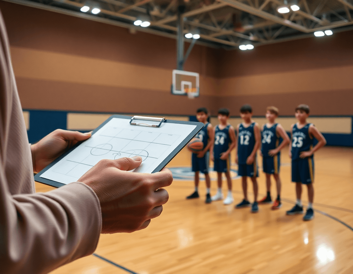 Close-up of a coach guiding 2nd grade basketball practice plan through a passing drill.