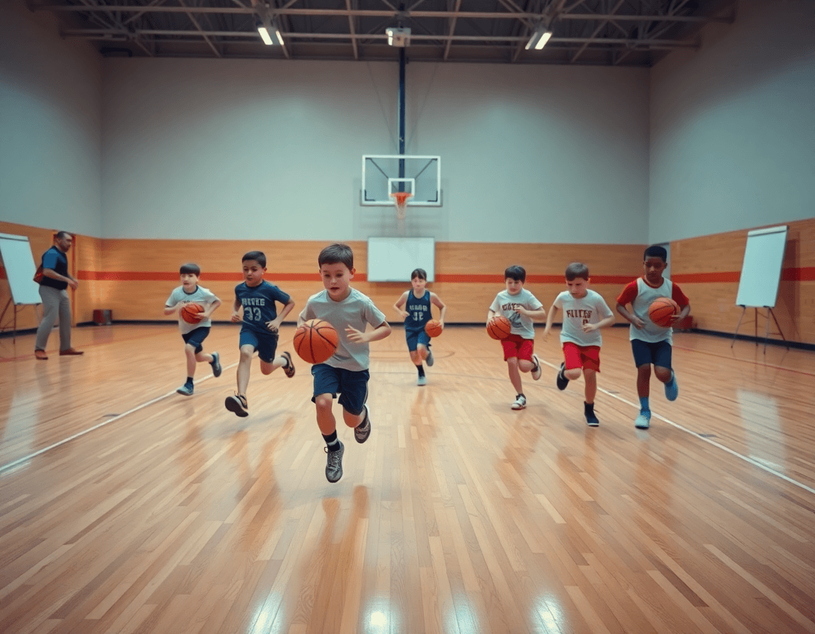 Wide shot of 2nd-grade players performing a basic dribble drill on the hardwood basketball court.